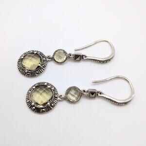 Sterling Silver 925 Marcasite Yellow Drop Earrings Signed TJM 4.22g 1.60in